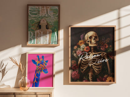 Raison d’Être Skeleton Art Print – Dark Academia Gothic Floral Wall Decor, Memento Mori Aesthetic, Framed/Unframed Macabre Poster - Swell Scenes
