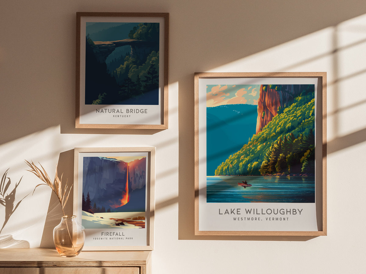 Lake Willoughby Matte Border Poster | Westmore, Vermont Destination Print — styled in a modern interior