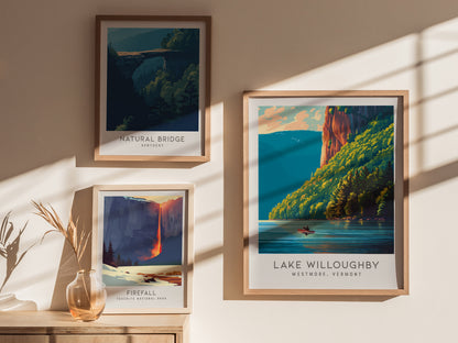 Lake Willoughby Matte Border Poster | Westmore, Vermont Destination Print — styled in a modern interior