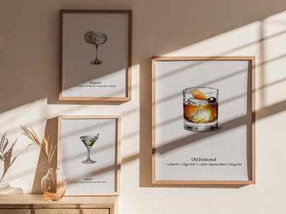 Old Fashioned Cocktail Poster | Vintage Pen & Ink Scientific Illustration Wall Art — styled in a modern interior