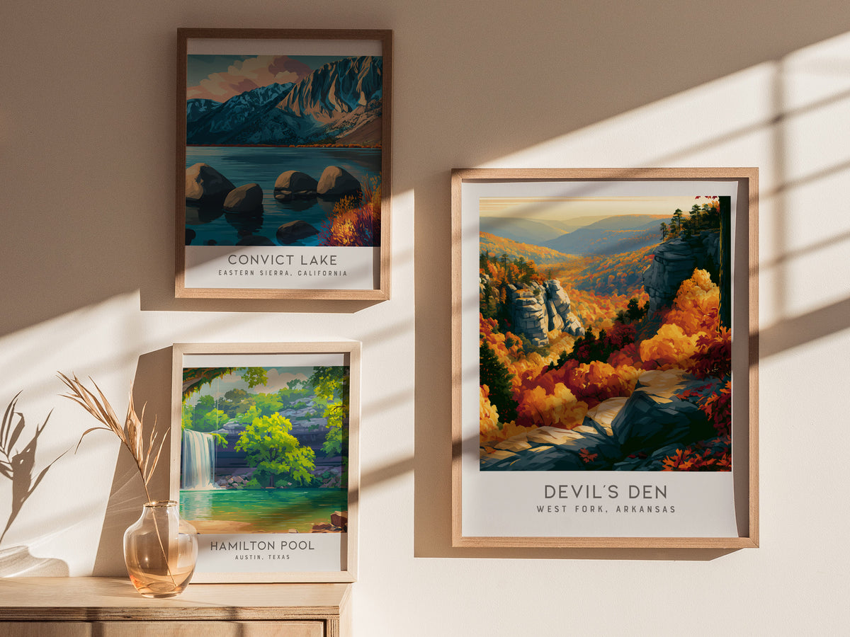 Devil's Den Matte Border Poster | West Fork, Arkansas Destination Print Travel Wall Art — styled in a modern interior