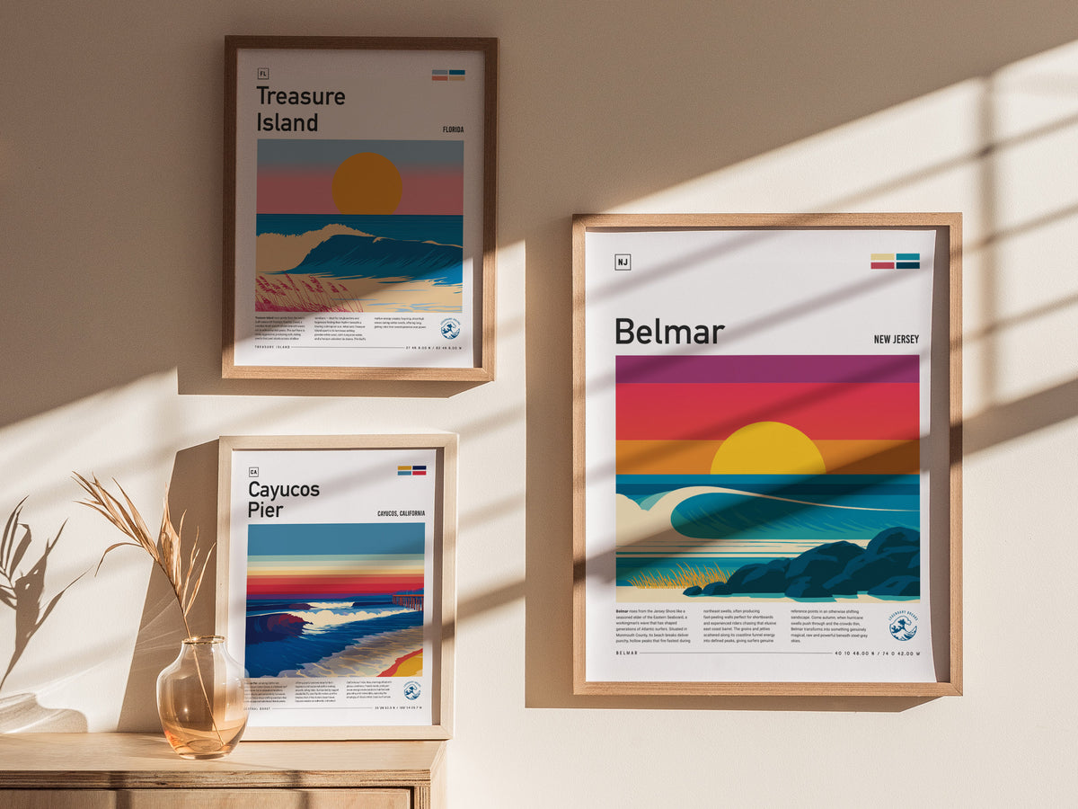 Belmar, New Jersey Poster | Surf & Boardwalk Coastal Wall Art — styled in a modern interior