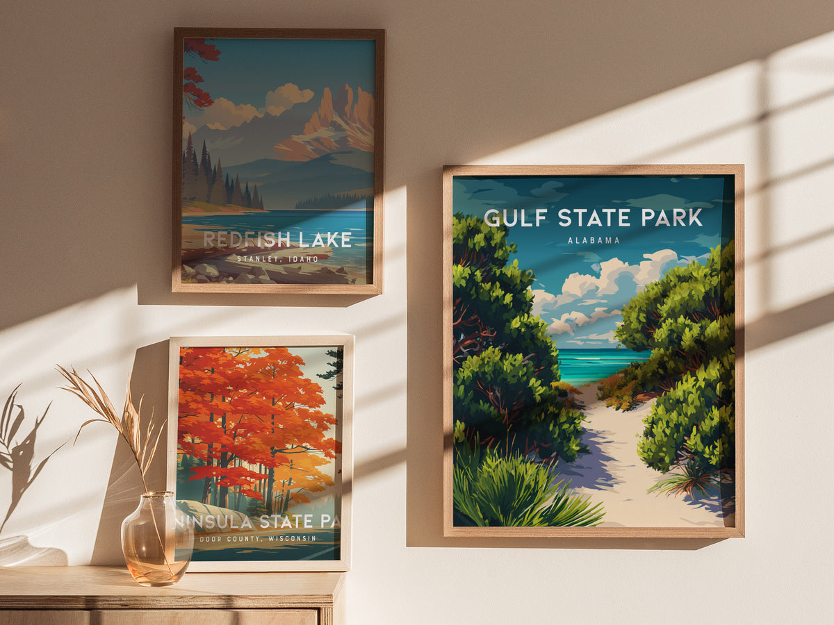 Gulf State Park, Alabama Poster | Beach House Decor Destination Print Wall Art — styled in a modern interior
