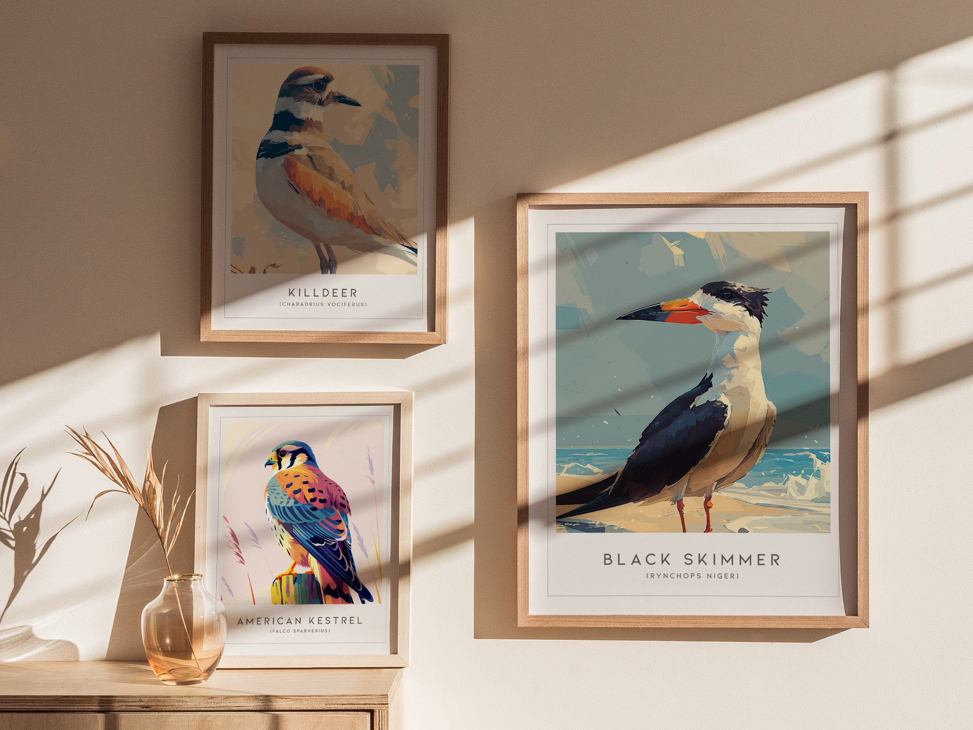 The image showcases three framed bird illustrations on a wall, featuring a Black Skimmer, an American Kestrel, and a Killdeer. Soft sunlight casts diagonal shadows across the artwork.