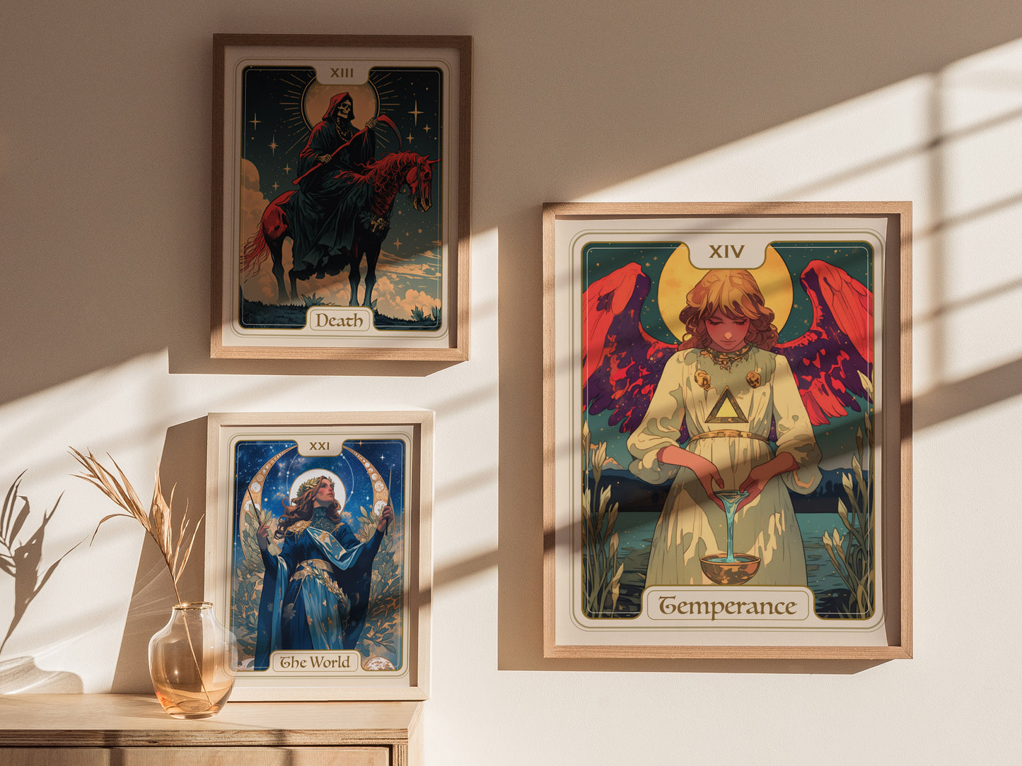 Vibrant Temperance tarot card poster featuring an angel with red wings pouring liquid between cups, symbolizing balance and harmony.