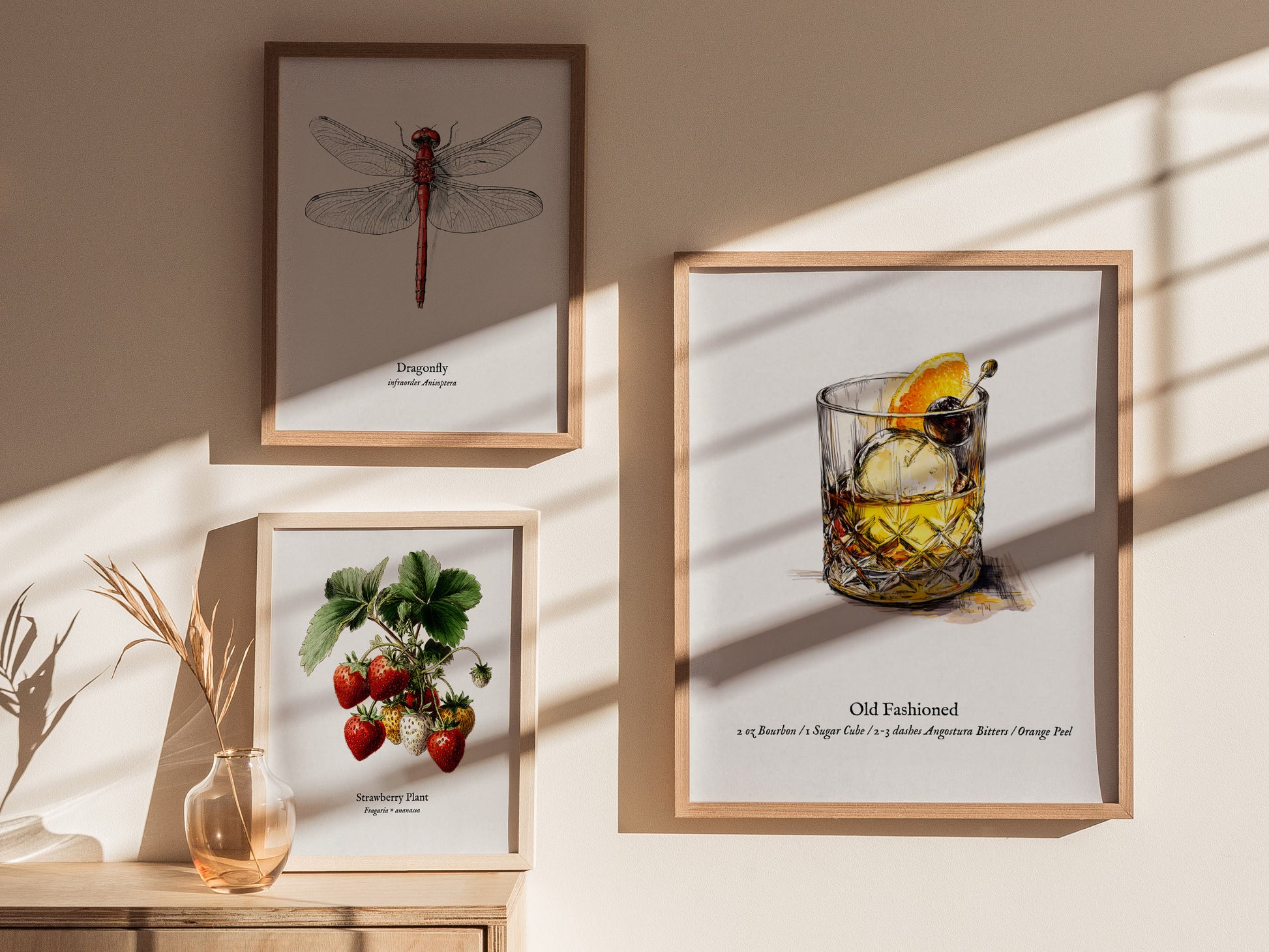 Old Fashioned Cocktail Poster | Vintage Pen & Ink Scientific Illustration Wall Art — styled in a modern interior