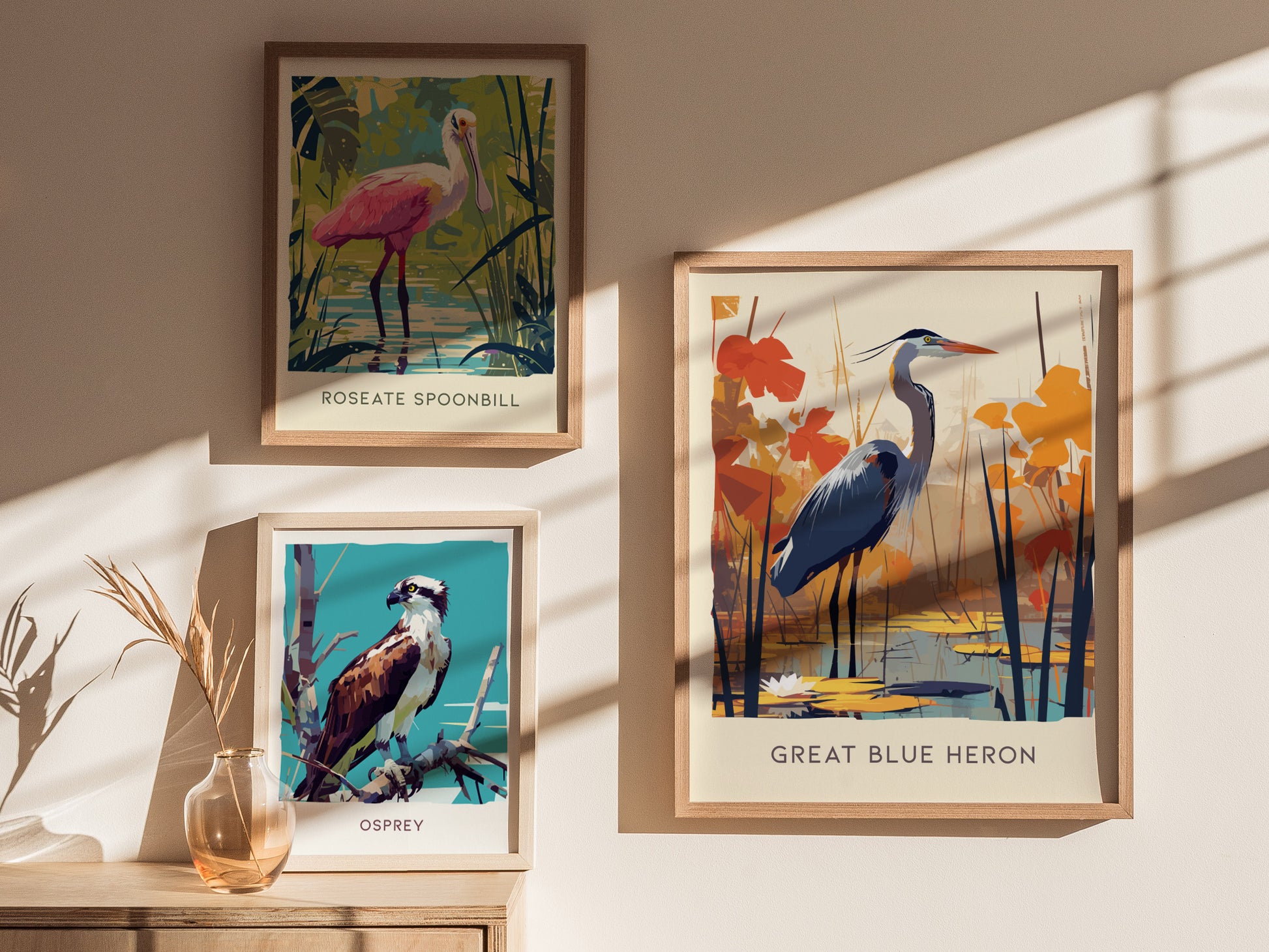 Three framed bird art prints are displayed on a sunlit wall, featuring a roseate spoonbill, an osprey, and a great blue heron surrounded by vibrant foliage.