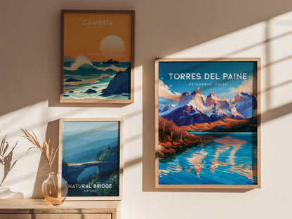 Torres del Paine, Patagonia Poster | Granite Peaks & Glacial Lake Wall Art — styled in a modern interior
