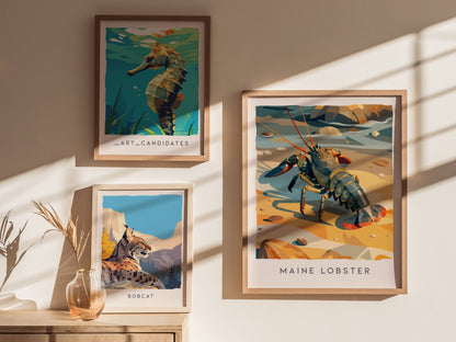 Maine Lobster Poster | Rugged Coast Lobster Wildlife Wall Art — styled in a modern interior