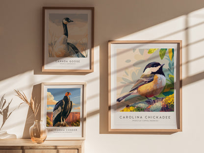 Carolina Chickadee Poster | Charming Songbird in Autumn Branches Wall Art — styled in a modern interior