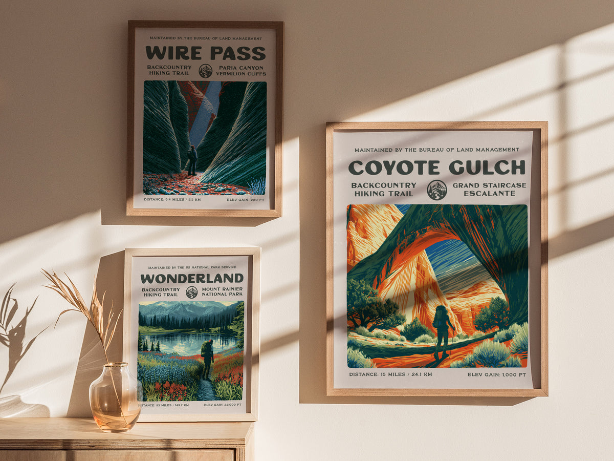 Coyote Gulch, Grand Staircase-Escalante Poster | Hiker Gift | Backcountry Trail Wall Art — styled in a modern interior