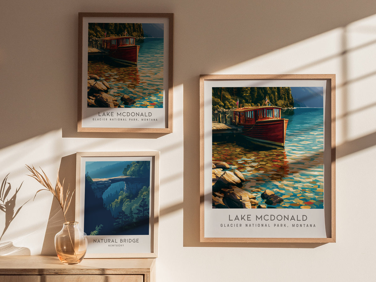 Lake McDonald Matte Border Poster | Glacier National Park, Montana Vacation Wall Art — styled in a modern interior