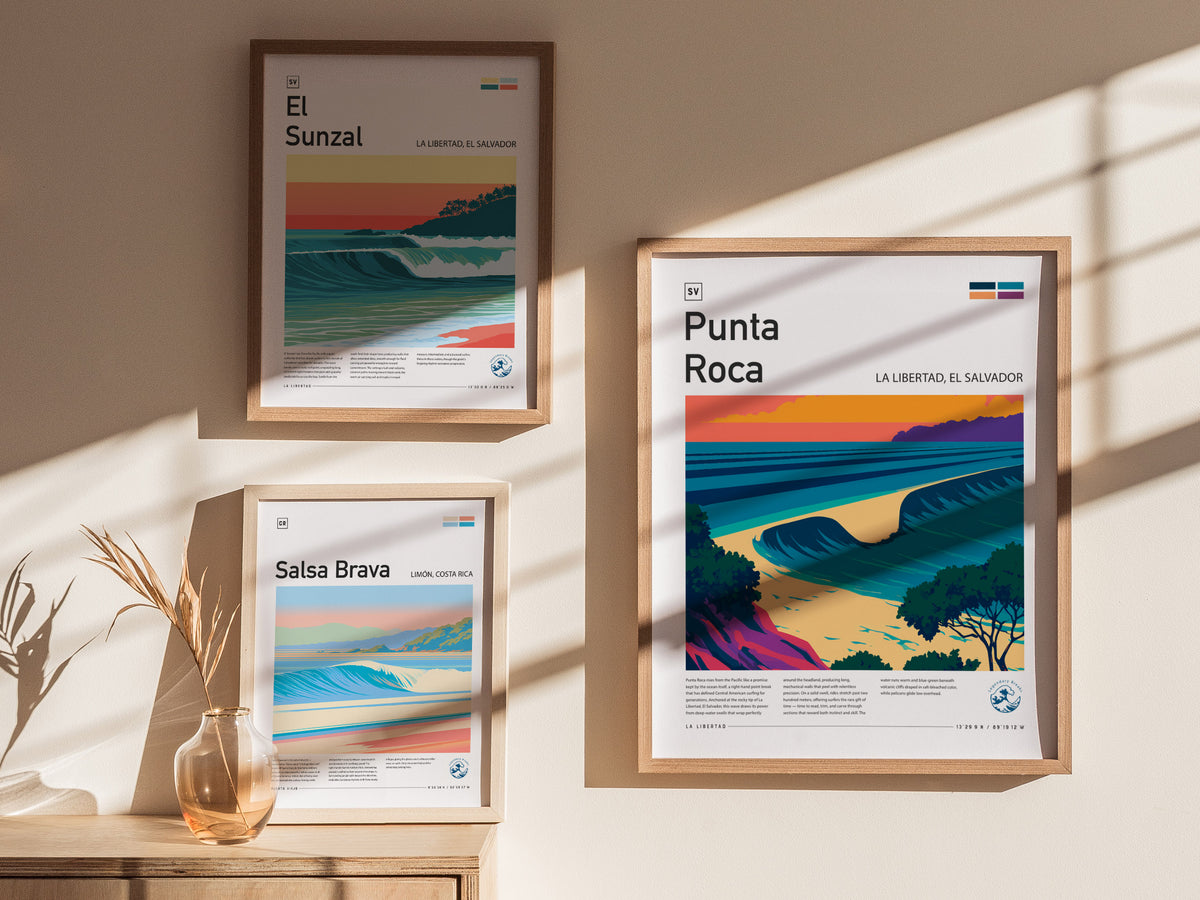Punta Roca, La Libertad, El Salvador Poster | Surf Wall Art & Wave Print — styled in a modern interior