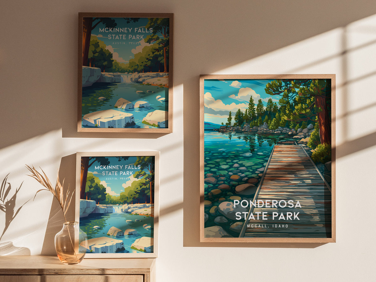 Ponderosa State Park, McCall, Idaho Poster | Mountain Lake Wilderness Framed or Unframed Wall Art — styled in a modern interi