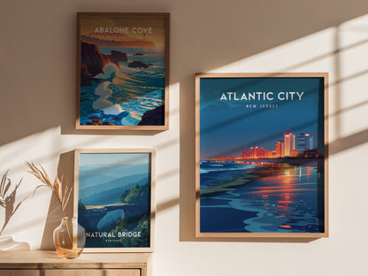 Atlantic City, New Jersey Poster | Boardwalk & Steel Pier Coastal Wall Art — styled in a modern interior
