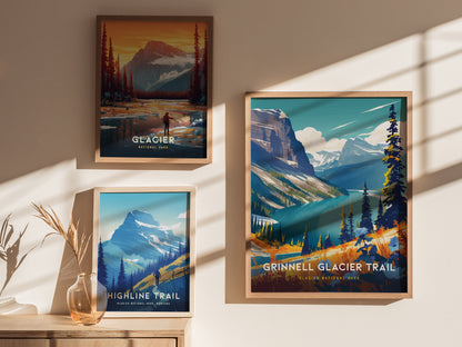 Three framed posters of Glacier National Park hang on a sunlit wall, depicting vibrant landscapes with mountains, trees, and trails. A small vase with dried plants sits below.