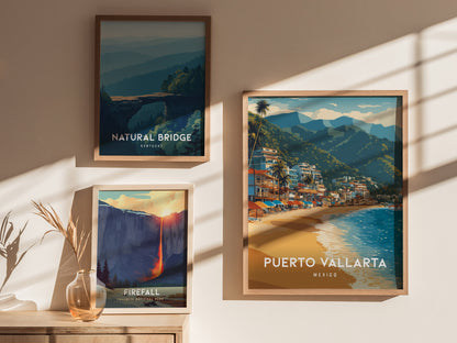 Puerto Vallarta, Mexico Poster | Tropical Beach Print Coastal Wall Art — styled in a modern interior