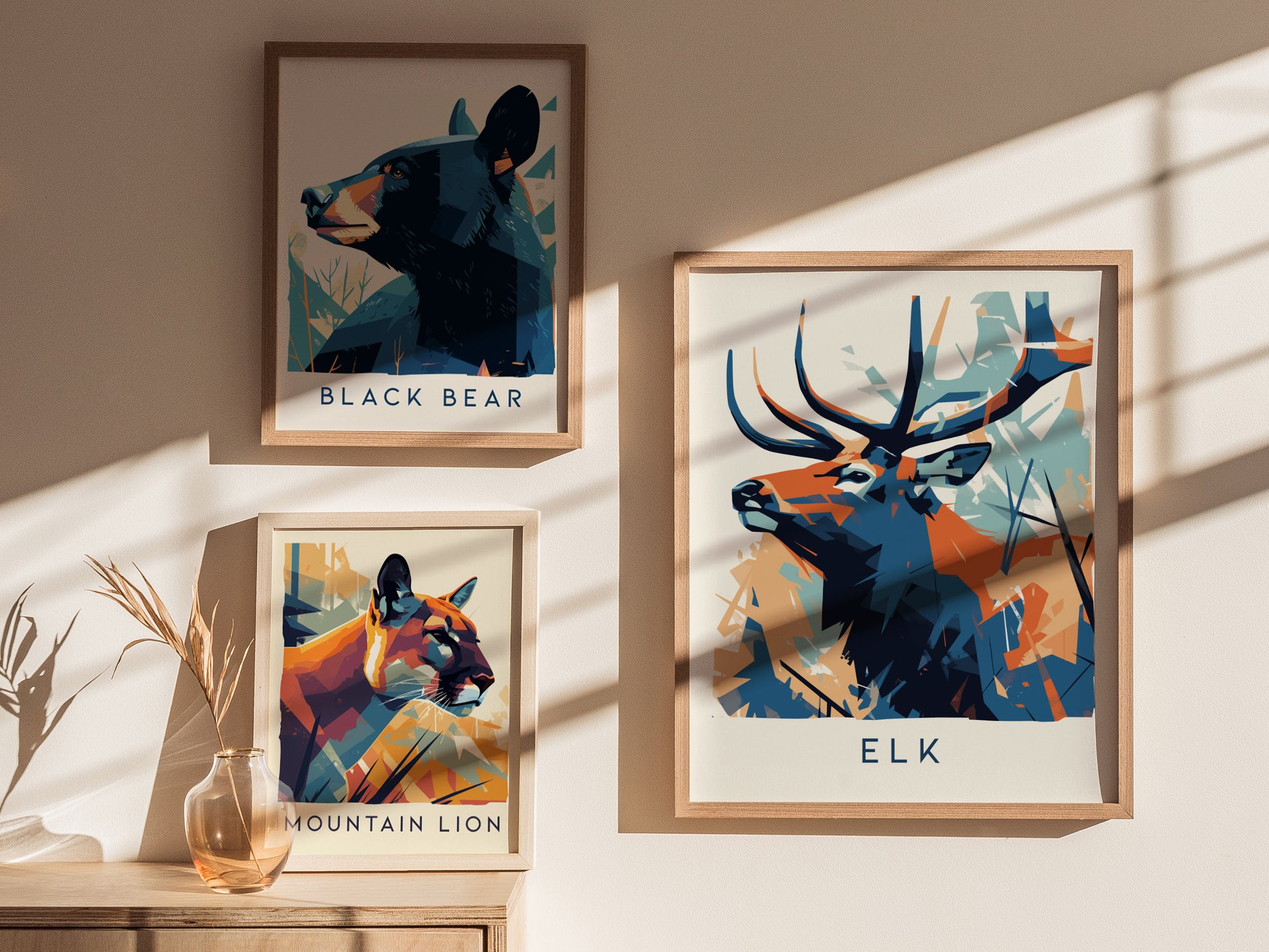 Stylized elk with prominent antlers in geometric shapes, vibrant blue and orange colors, perfect for wildlife art lovers.