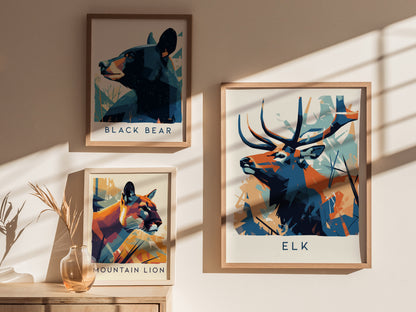 Stylized elk with prominent antlers in geometric shapes, vibrant blue and orange colors, perfect for wildlife art lovers.