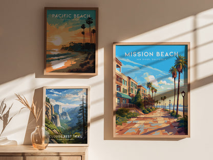 Framed posters on a wall include a sunny Mission Beach scene, a sunset at Pacific Beach, and a scenic Clouds Rest Trail landscape, with natural light casting shadows.