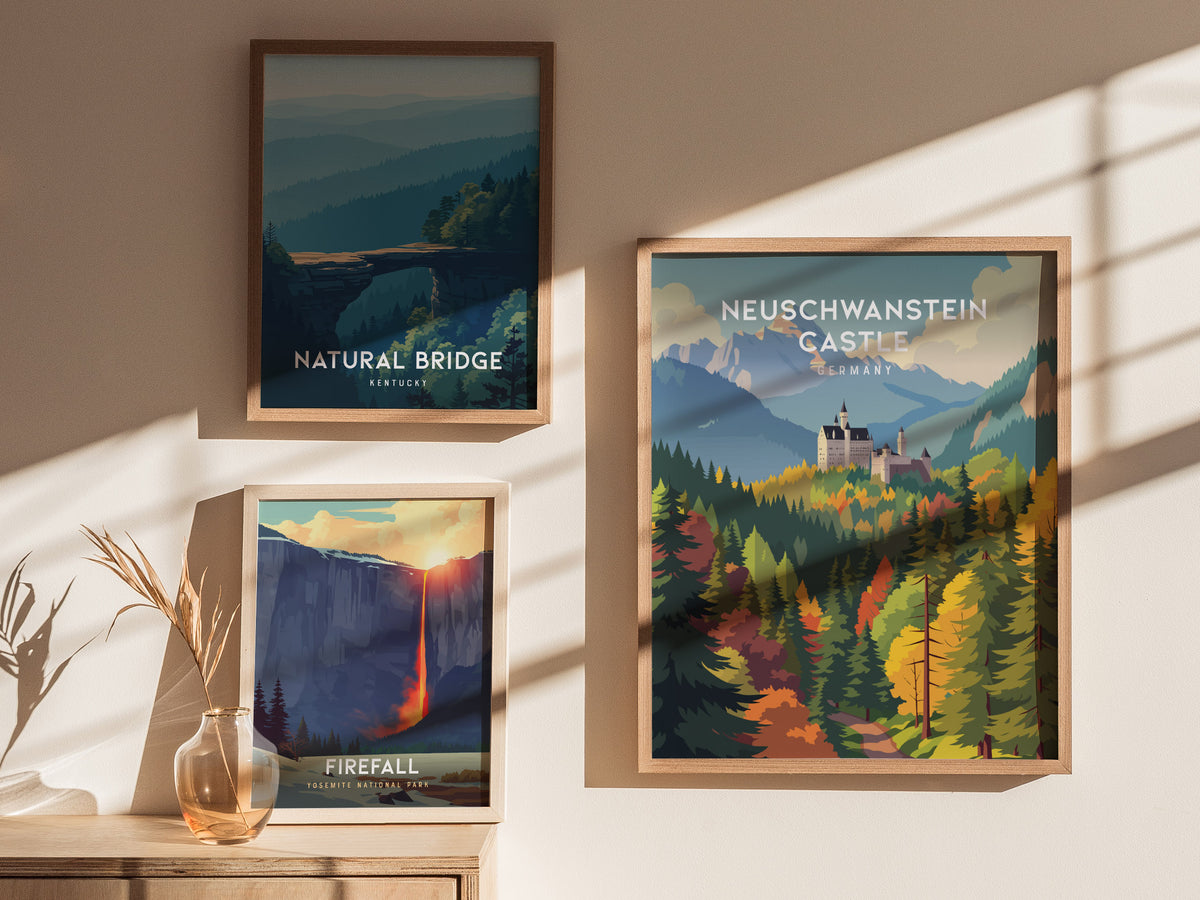 Neuschwanstein Castle, Germany Poster | Fairytale Alpine Fortress Framed or Unframed Wall Art — styled in a modern interior