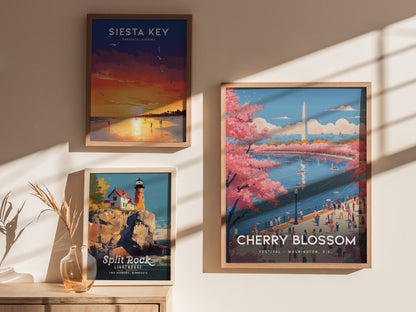 Three framed posters are displayed on a sunlit wall. The largest features cherry blossoms by the Washington Monument, another shows a sunset at Siesta Key, and the third depicts Split Rock Lighthouse on a rocky cliff.