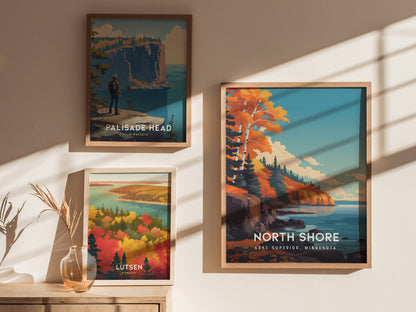 Three framed art prints are displayed on a wall, showcasing scenic views of the North Shore of Lake Superior, Minnesota.