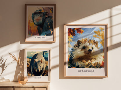 Hedgehog, Erinaceus europaeus Poster | Woodland Wildlife Wall Art — styled in a modern interior