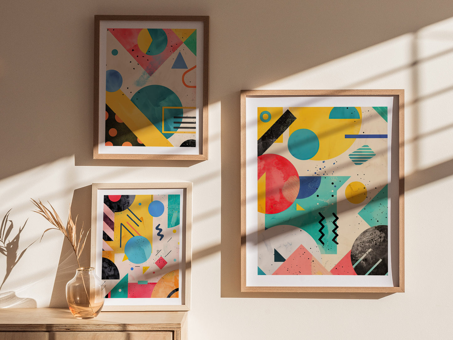 Three framed posters featuring bold geometric shapes and vibrant colors hang on a sunlit wall. A small glass vase with dried plants sits on a wooden surface below.