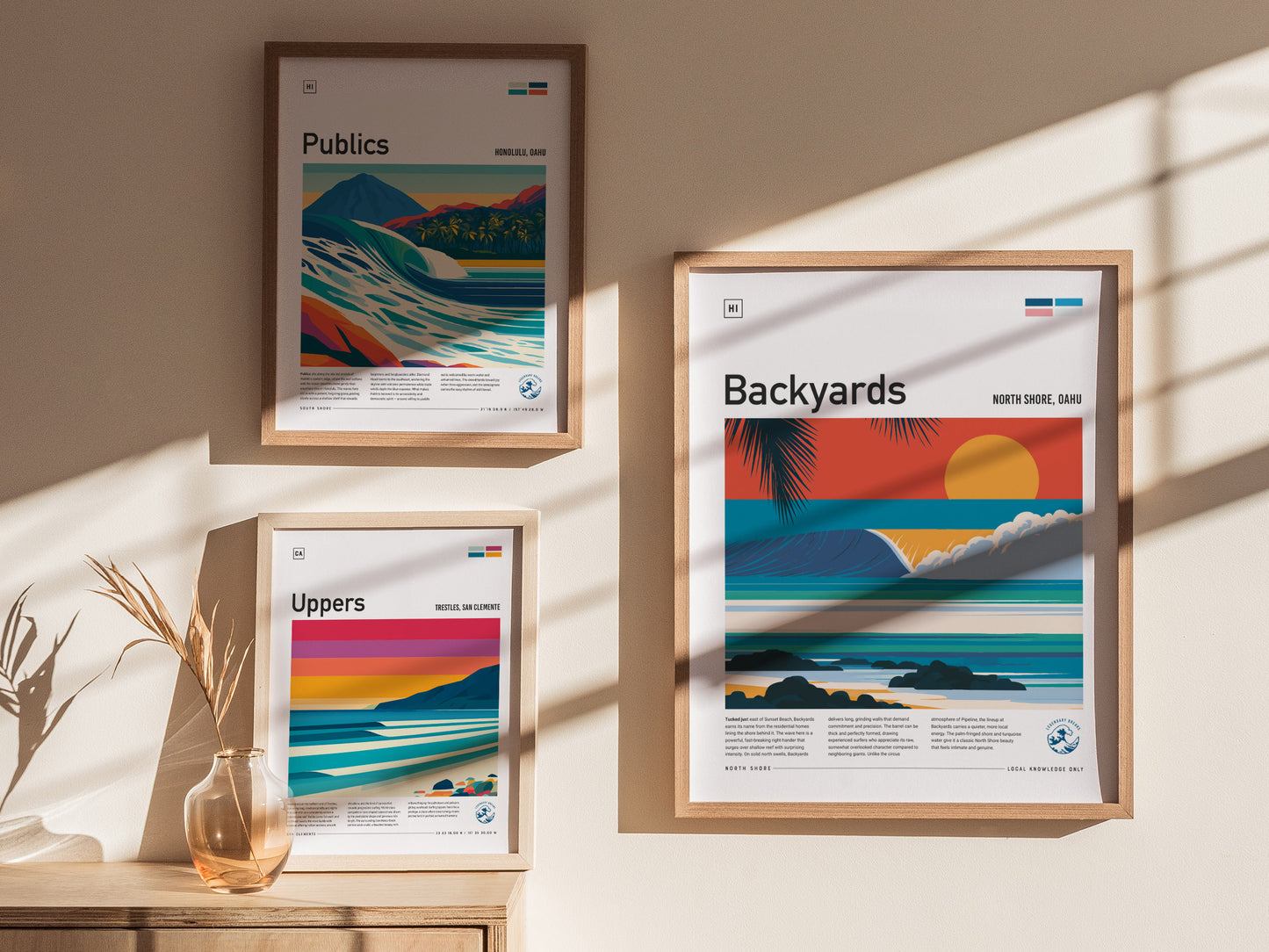 Backyards, Hawaii Poster | Tropical Surf Break Paradise Wall Art — styled in a modern interior