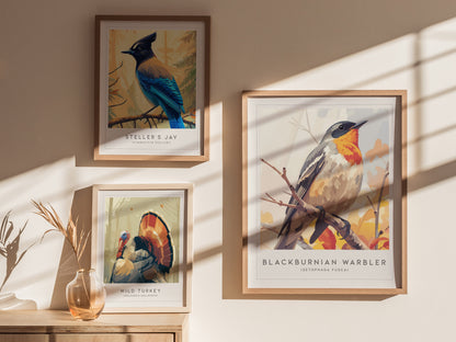 Blackburnian Warbler, Setophaga fusca Poster | Fiery Songbird Nature Print Wall Art — styled in a modern interior