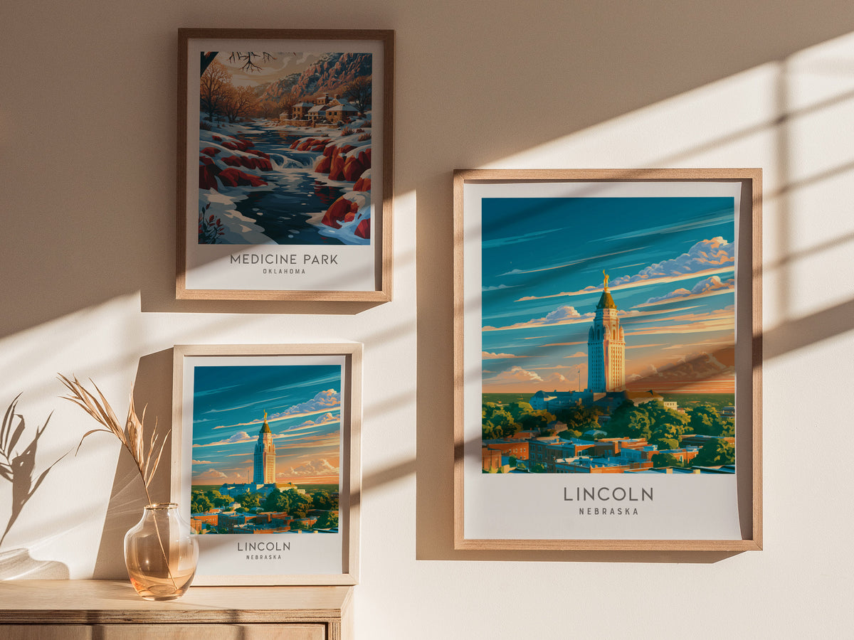 Lincoln Matte Border Poster | Nebraska Travel Wall Art — styled in a modern interior