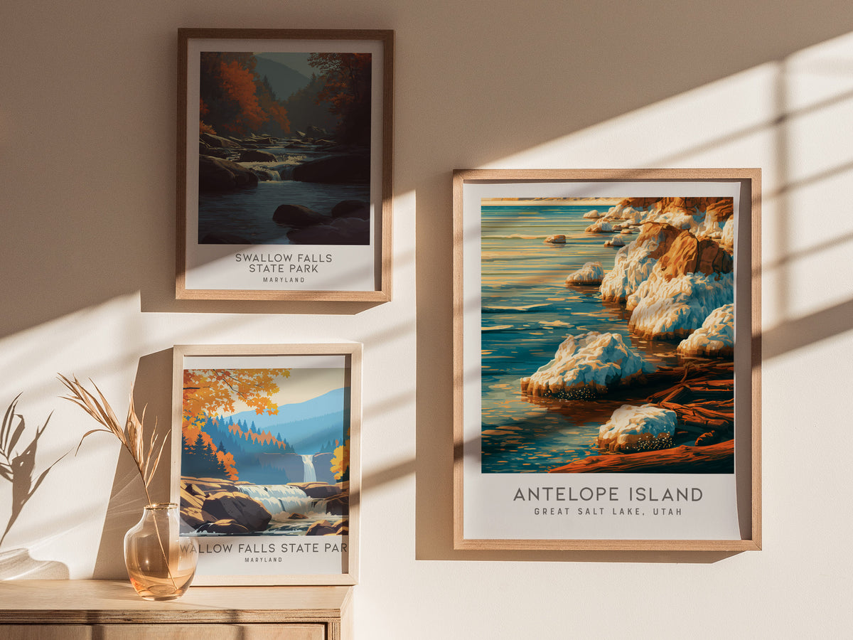 Antelope Island Matte Border Poster | Great Salt Lake, Utah Travel Wall Art — styled in a modern interior