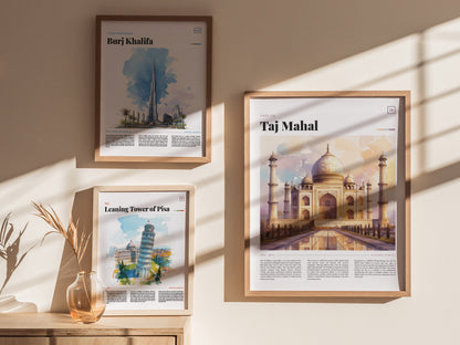 Framed posters of the Taj Mahal, Burj Khalifa, and Leaning Tower of Pisa are displayed on a wall, with sunlight casting shadows.
