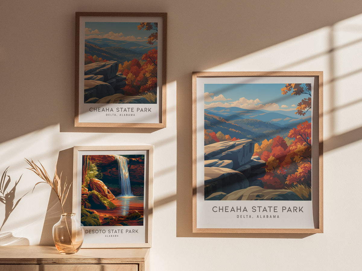 Cheaha State Park Matte Border Poster | Delta, Alabama Destination Print Travel Wall Art — styled in a modern interior