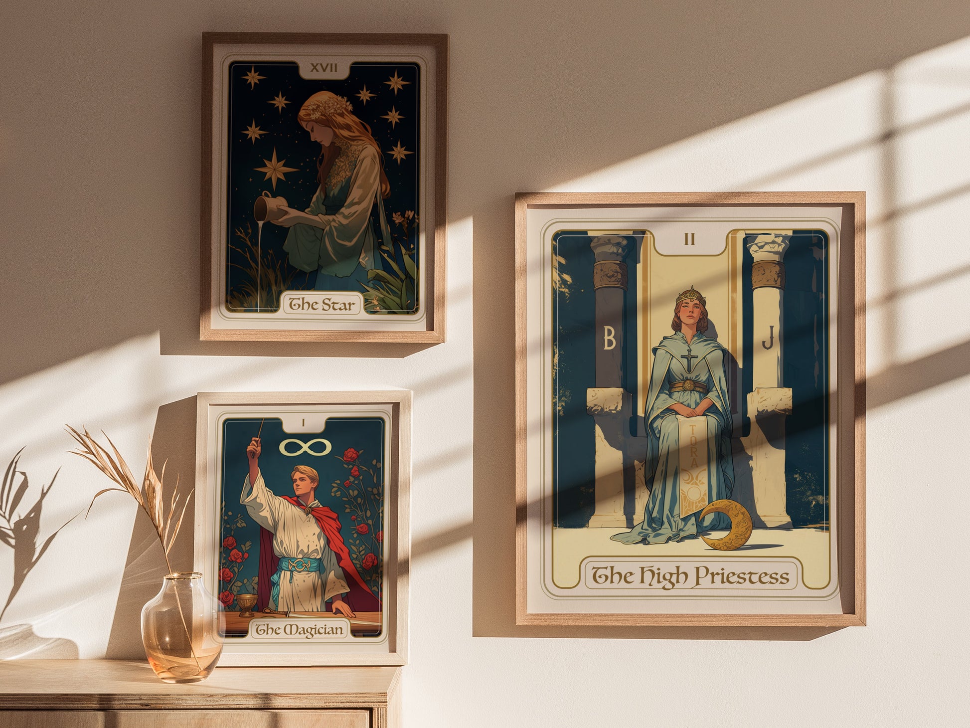 Three framed tarot card posters on a sunlit wall feature The Star, The Magician, and The High Priestess. A vase with dried plants decorates the wooden table beneath.