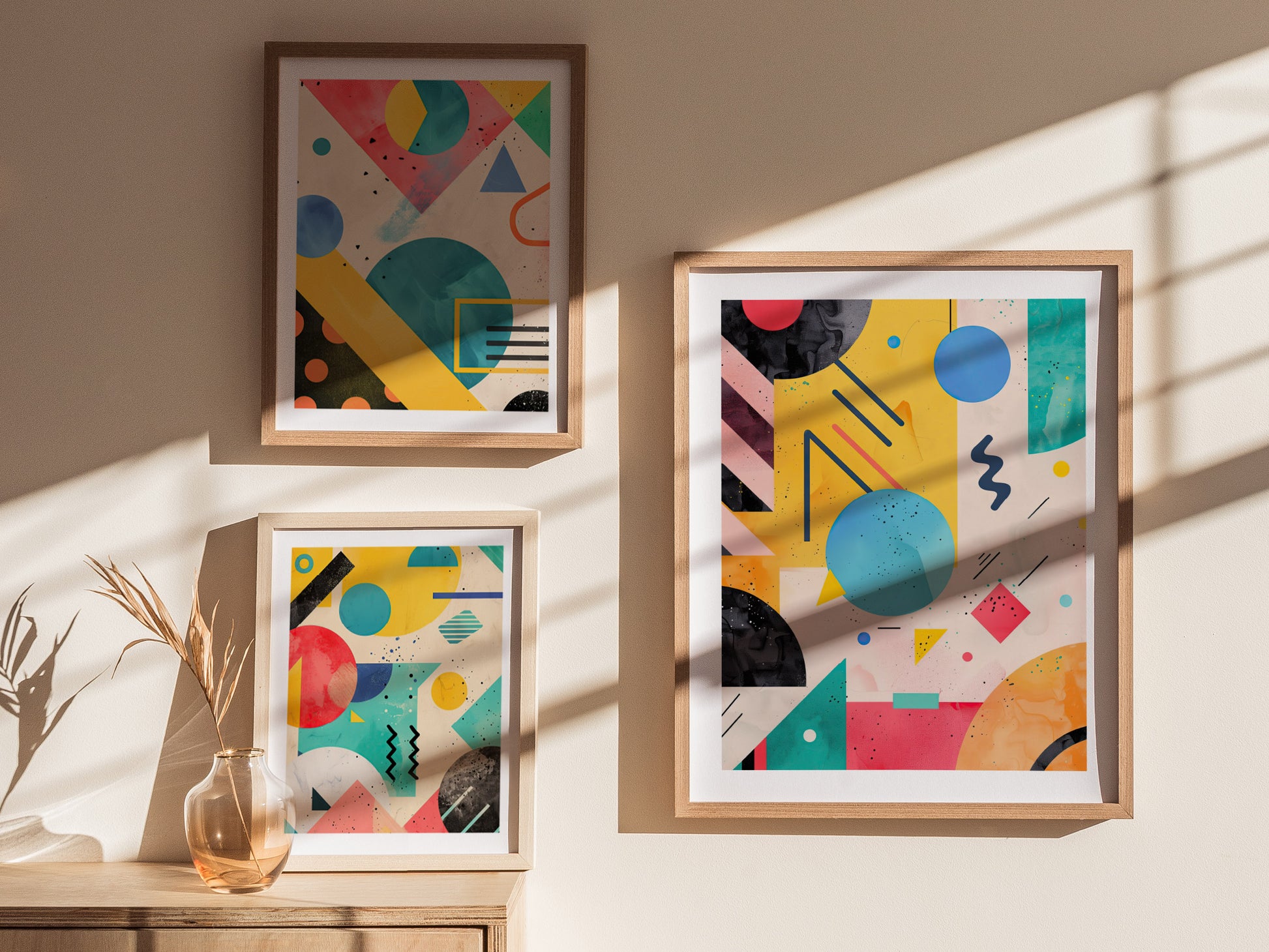 Three framed abstract posters featuring bold geometric shapes and vibrant colors are displayed on a wall. Sunlight casts shadows across the artwork, highlighting the dynamic 1990s-inspired design.