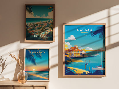 Three framed travel posters are displayed on a sunlit wall, featuring artwork of Cancun, Nassau Bahamas, and Riviera Maya, with vibrant colors and tropical themes.