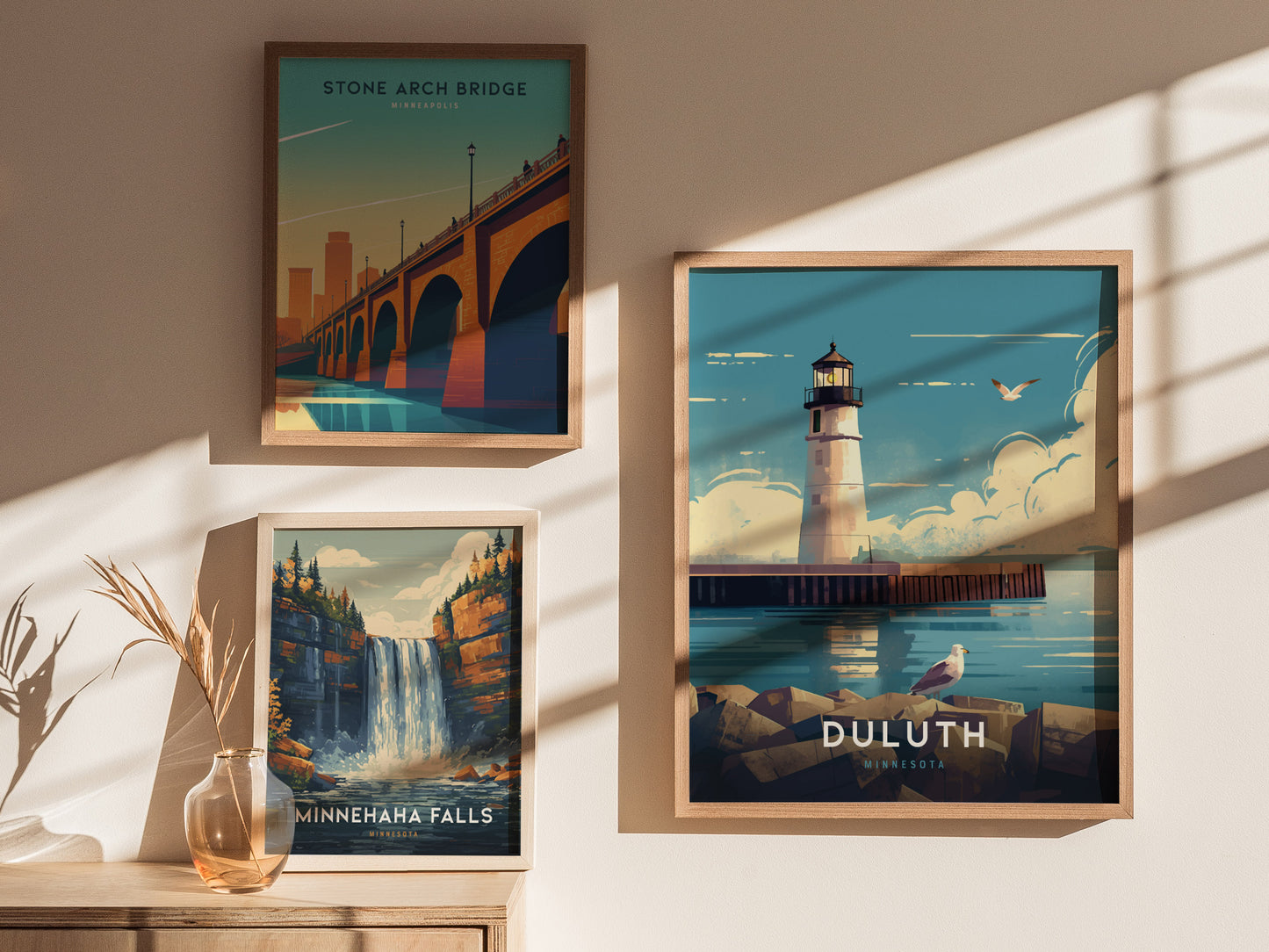Three framed posters are displayed on a wall, featuring illustrations of Stone Arch Bridge, Minnehaha Falls, and Duluth Harbor Lighthouse, with sunlight casting shadows.