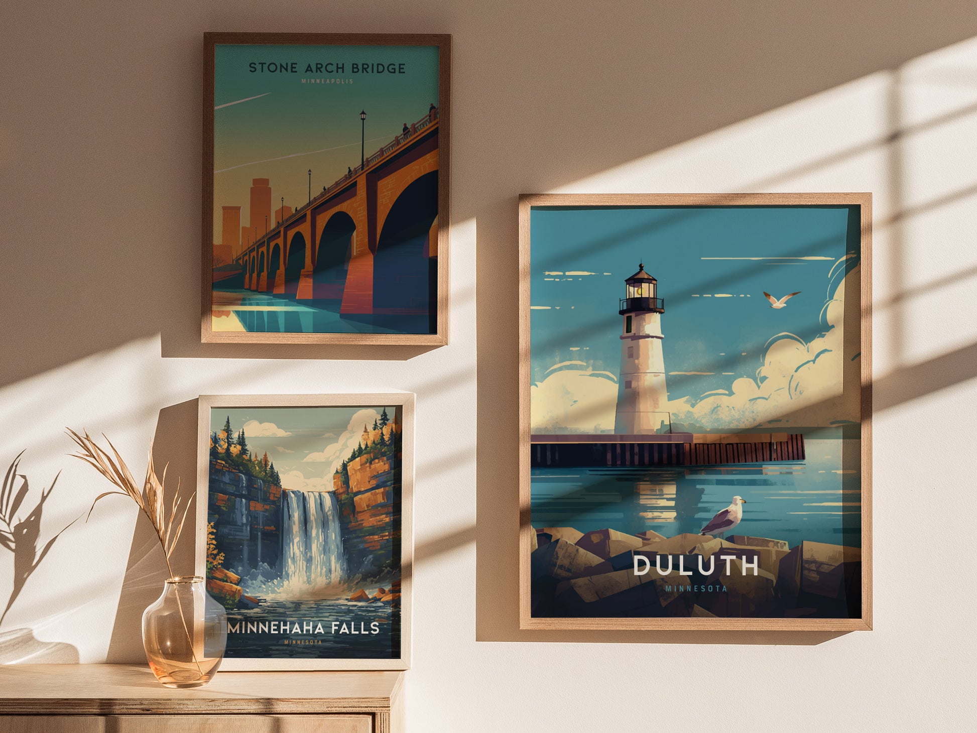 Three framed posters are displayed on a wall, featuring illustrations of Stone Arch Bridge, Minnehaha Falls, and Duluth Harbor Lighthouse, with sunlight casting shadows.