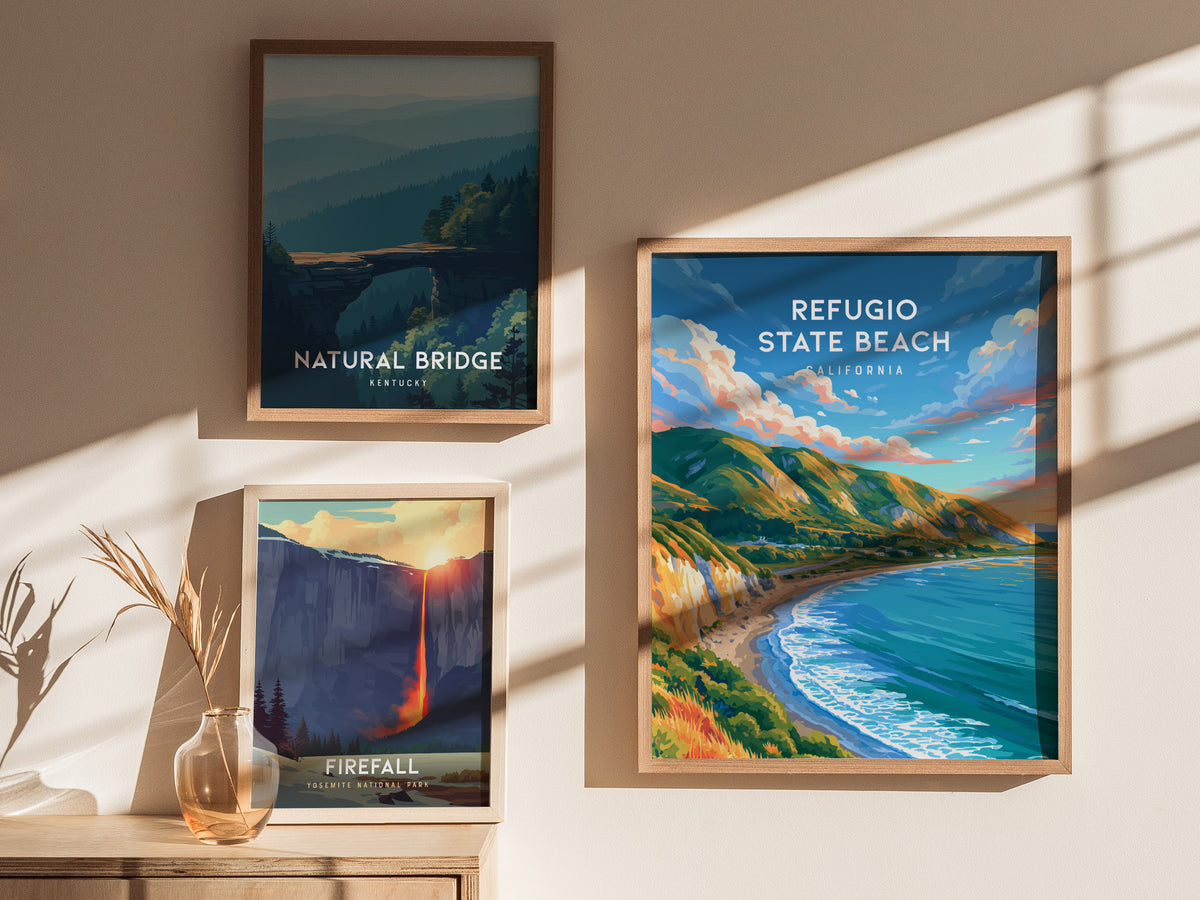Refugio State Beach, California Poster | Golden Bluffs & Ocean Breeze Wall Art — styled in a modern interior