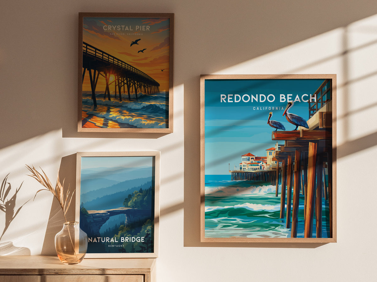 Redondo Beach, California Poster | Sun-Kissed Pier & Sailboat Wall Art — styled in a modern interior
