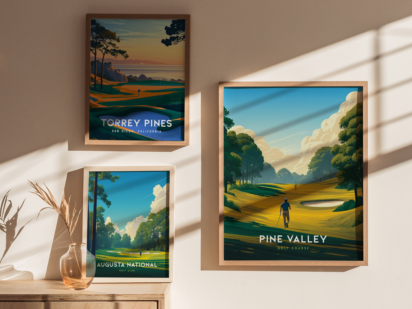 Three framed golf course posters are displayed on a wall, featuring Pine Valley, Torrey Pines, and Augusta National, with sunlight casting shadows across them.