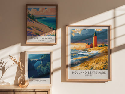 Holland State Park Matte Border Poster | Michigan Travel Wall Art — styled in a modern interior