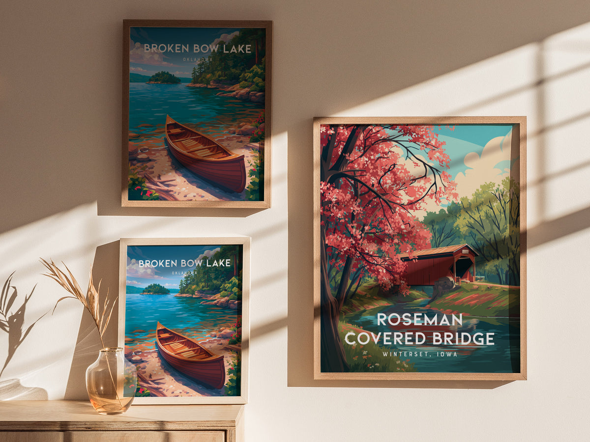 Roseman Covered Bridge, Winterset, Iowa Poster | Historic Charm Framed or Unframed Wall Art — styled in a modern interior