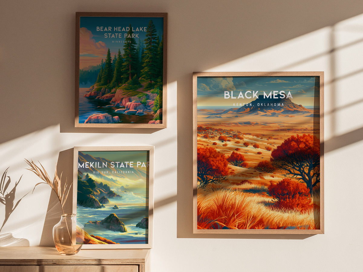 Black Mesa, Kenton, Oklahoma Poster | Western Prairie Adventure Wall Art — styled in a modern interior