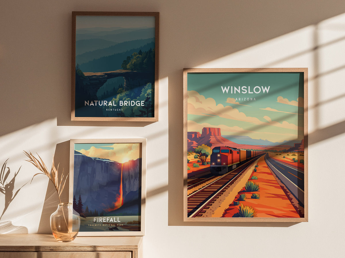 Winslow, Arizona Poster | Route 66 Desert Destination Print Wall Art — styled in a modern interior