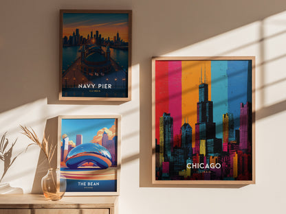 Chicago Skyline Pop Art Poster | Warhol Style Illinois Travel Print | Framed or Unframed