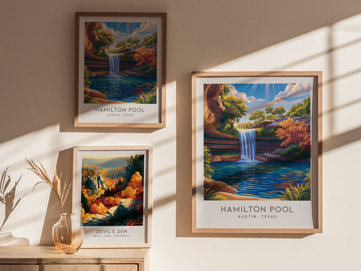 Hamilton Pool Matte Border Poster | Austin, Texas Destination Print & Vacation Wall Art — styled in a modern interior