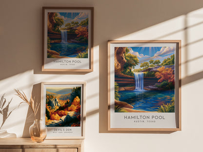 Hamilton Pool Matte Border Poster | Austin, Texas Destination Print & Vacation Wall Art — styled in a modern interior